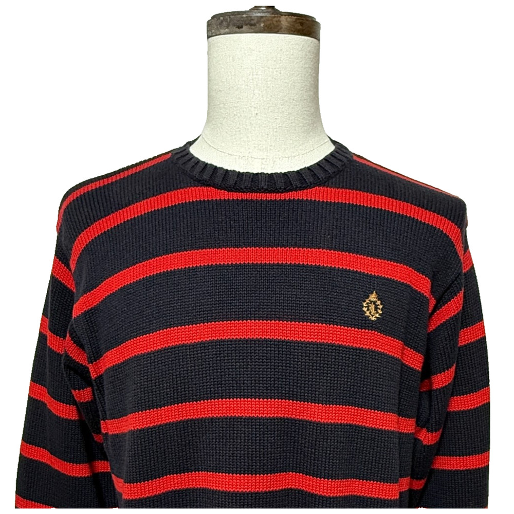 Lauren Ralph Lauren Sweater Mens Medium Red Blue‎ Striped Crest Logo Old Money